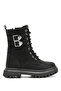 Girl's Black Thermo Sole Side Buckle Detailed Lace-up and Zippered Long Boots