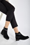 Women's Black Suede Thermo Sole Stone Rope Zippered Short Heeled Boots - 2