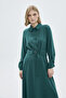 Button Detailed Pleated Long Emerald Dress 0441 - 2