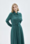 Button Detailed Pleated Long Emerald Dress 0441 - 4