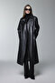 Shirt Collar Belt Detailed Leather Black Trench Coat 13823 - 5