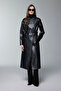 Shirt Collar Belt Detailed Leather Black Trench Coat 13823