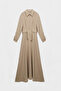 Button Detailed Pleated Long Beige Dress 0441