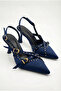 Women's Special Design Navy Blue Satin Metal Buckle Accessory Upholstered Pointed Toe Thin Heeled Shoes