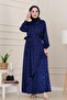 Floor Detailed Eflan Satin Evening Dress-Navy Blue