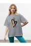 Women's Heart Figured Be-Youatiful Written Crew Neck Gray T-Shirt