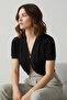 Samui Women's Soft Textured Combed Cotton Short Sleeve Shoulder Drawstring Detail Front Oval Short Cardigan & Bolero - Black