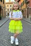 Girl's Hooded Lace Detailed T-Shirt with Denim Jacket and Lace Neon Yellow Skirt Set - 4
