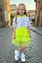 Girl's Hooded Lace Detailed T-Shirt with Denim Jacket and Lace Neon Yellow Skirt Set