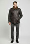 Brown Genuine Leather Body Coat with Lamb Fur Sides and Fabric Closure - 4