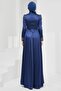 Navy Blue Satin Evening Dress with Stones on the Front - 5