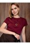 Women's Basic T-Shirt Burgundy Short Sleeve Crew Neck Oversize Relaxed Fit - 2