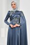 Smoked Satin Evening Dress with Shoulder Cape and Stones - 2