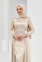 Beige Satin Evening Dress with Stones on the Front - 3