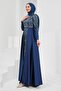 Navy Blue Satin Evening Dress with Stones on the Front - 4