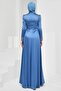 Indigo Satin Evening Dress with Stones on the Front - 5