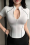 Spark White Short Sleeve Lapel Zipper Slim Fit Blouse with Reverse Stitch Detail - 2