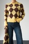 Women's Yellow-Brown Diamond Pattern Knitted Cardigan - 3