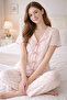 Women's Pink Bow Short Sleeve Pajama Set Cotton Fabric - 2