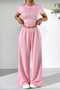 Candy Pink Short Sleeve Blouse and Wide Leg Sweatpants 2-Piece Set - 4
