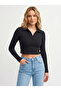 Women's Black Soft Textured Polo Collar Blouse Nj88