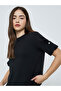 Black Woven T-Shirt with Pearl Button Detail