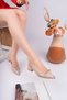 Aurelia Model Beige Patent Leather Pointed Toe Gold Buckle Detailed Open Back Ballerina Women's Shoes - 4