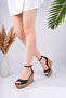 Fi̇ona Model Genuine Leather Black Open Toe Closed Back Ankle Buckle Platform Wedge Heel Sandals - 2