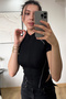 Spark Black Short Sleeve Lapel Zipper Slim Fit Blouse with Reverse Stitch Detail - 3