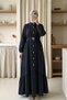 Rubber Belt Detailed Buttoned Long Denim Dress Black - Black