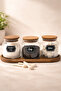 3 Glass Spice Containers with Acacia Stands 635Cc - with Bamboo Spoon and Label