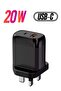 Fast Wall Charger with Dual Ports (PD + USB) for Quick Charging, 20W Power, Model BC202, Bra
