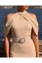 Shoulder Detail Halter Neck Belted Stone-Detail Dress
