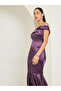 Purple Off Shoulder asymmetric Hem Satin Maxi Dress - 2