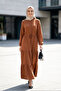 Women's Buttoned Lace-Up Tan Hijab Linen Dress - 6