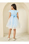 Girls Light Blue Embroidered A-Line Dress - 4