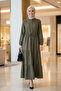 Women's Buttoned Lace-Up Khaki Hijab Linen Dress - 4