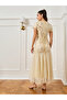 Women Beige Embroidered Mesh A-Line Maxi Dress - 5