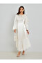 Women Cream Satin Maxi Dress with Long Sleeves - 3