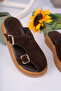 Amy Model Genuine Leather Brown Thick Sole Side Open Low-Cut Double Buckle Women's Slippers - 2