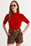 Women's Red High Collar Thick Ribbed Short Sleeve Knitwear Blouse Blz-19003184 - 3