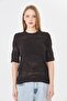Women's Soft Textured Rose Patterned Lace Mesh Crew Neck Back Buttoned Short Sleeve Knitwear Blouse 14830 - 6
