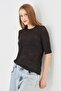 Women's Soft Textured Rose Patterned Lace Mesh Crew Neck Back Buttoned Short Sleeve Knitwear Blouse 14830