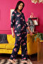 Pretty Florals Button Down Night Suit in Navy - Rayon - 3