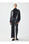 Women's Black Leather Trousers with Embroidery Detail on the Legs
