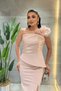 Double Fabric Single Sleeve Rose Detail Pencil Dress - POWDER PINK - 3