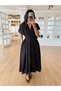 Black 100% Cotton Pleated Batwing Sleeve Dress with Drawstring Waist - 206201 - 5
