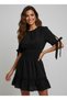Women's Black Sleeves Tie Detailed Elastic Waist Mini Dress Rop15 - 3