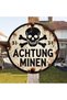 Round 20X20CM 2D Flat - Vintage "ACHTUNG MINEN" Skeleton & Crossbones Metal Sign - 19.99cm Aluminum - 6