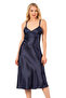 Women's Satin Lace Detailed Midi Nightgown Dressing Gown Set |   Navy Blue 7833 - 2